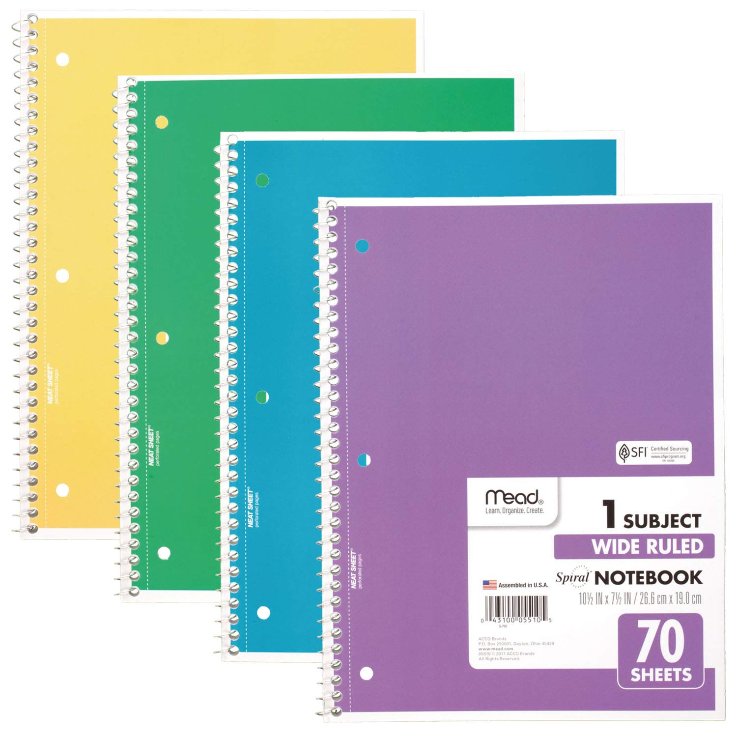 Amazon.com : Mead Spiral Notebook, 4 Pack, 1 Subject, Wide Ruled